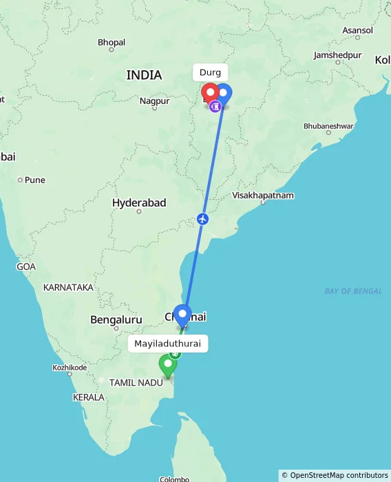 Route map showing distance and travel time from Mayiladuthurai, India to Durg, India