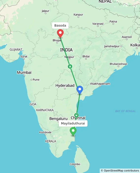 Route map showing distance and travel time from Mayiladuthurai, India to Basoda, India