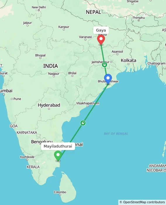 Route map showing distance and travel time from Mayiladuthurai, India to Gaya, India