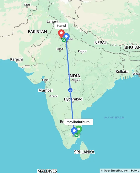 Route map showing distance and travel time from Mayiladuthurai, India to Hansi, India