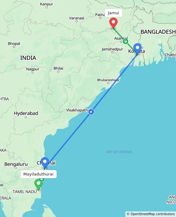 Route map showing distance and travel time from Mayiladuthurai, India to Jamui, India