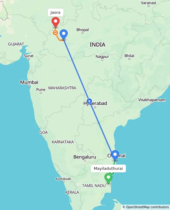 Route map showing distance and travel time from Mayiladuthurai, India to Jaora, India