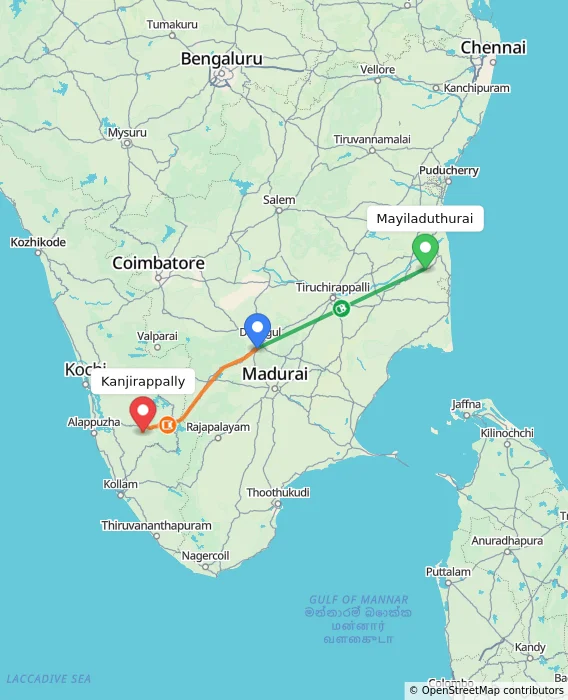 Route map showing distance and travel time from Mayiladuthurai, India to Kanjirappally, India