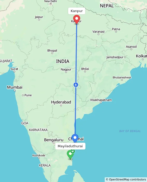 Route map showing distance and travel time from Mayiladuthurai, India to Kanpur, India