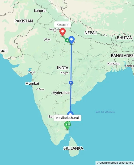 Route map showing distance and travel time from Mayiladuthurai, India to Kasganj, India