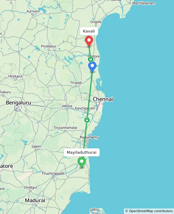 Route map showing distance and travel time from Mayiladuthurai, India to Kavali, India