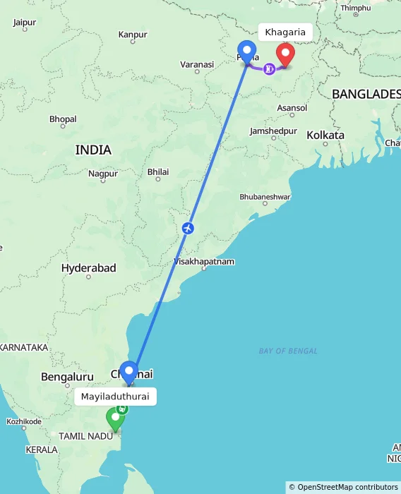 Route map showing distance and travel time from Mayiladuthurai, India to Khagaria, India
