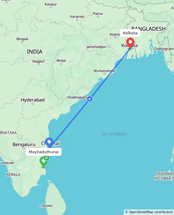 Route map showing distance and travel time from Mayiladuthurai, India to Kolkata, India