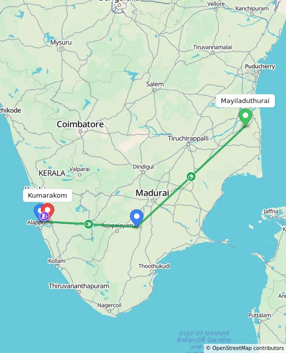 Route map showing distance and travel time from Mayiladuthurai, India to Kumarakom, India