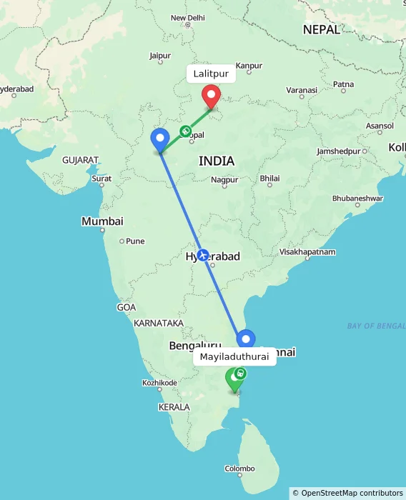 Route map showing distance and travel time from Mayiladuthurai, India to Lalitpur, India