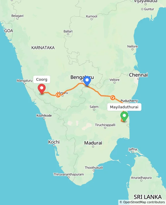 Route map showing distance and travel time from Mayiladuthurai, India to Madikeri, India