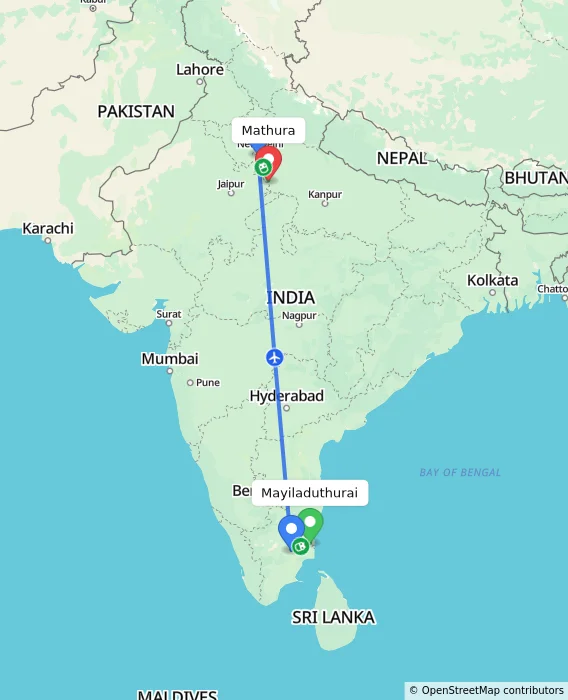 Route map showing distance and travel time from Mayiladuthurai, India to Mathura, India