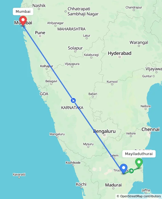 Route map showing distance and travel time from Mayiladuthurai, India to Mumbai, India