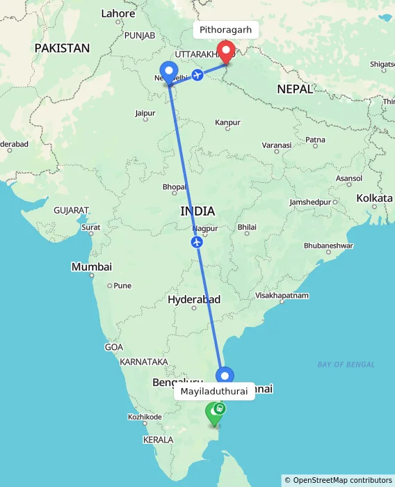 Route map showing distance and travel time from Mayiladuthurai, India to Pithoragarh, India