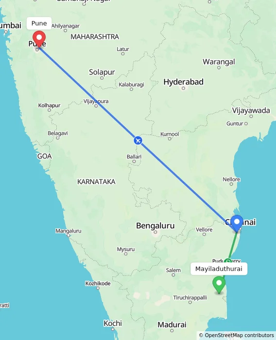 Route map showing distance and travel time from Mayiladuthurai, India to Pune, India