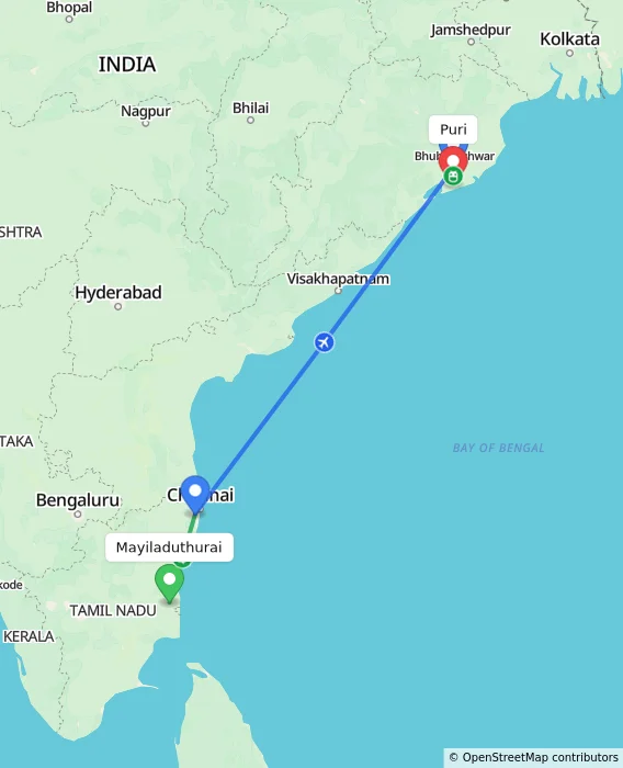 Route map showing distance and travel time from Mayiladuthurai, India to Puri, India