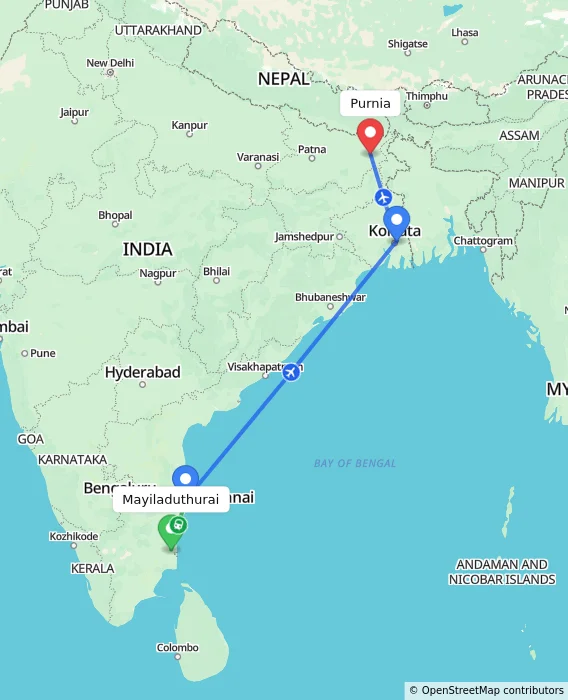 Route map showing distance and travel time from Mayiladuthurai, India to Purnia, India