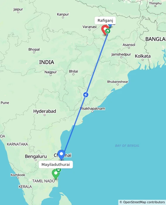 Route map showing distance and travel time from Mayiladuthurai, India to Rafiganj, India