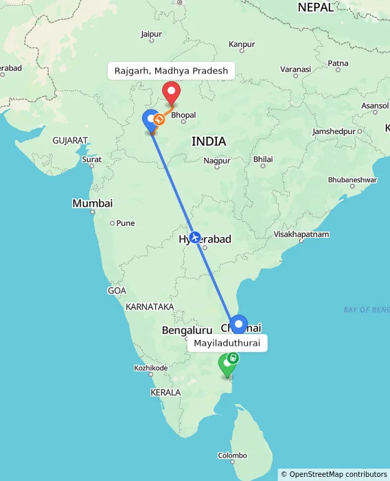 Route map showing distance and travel time from Mayiladuthurai, India to Rajgarh, Madhya Pradesh, India