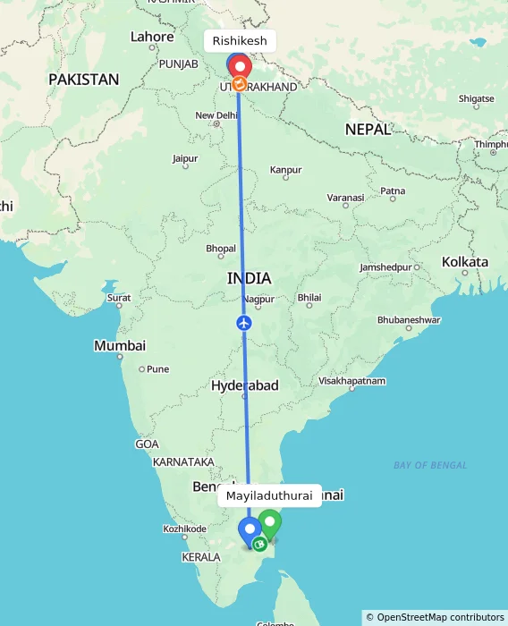 Route map showing distance and travel time from Mayiladuthurai, India to Rishikesh, India