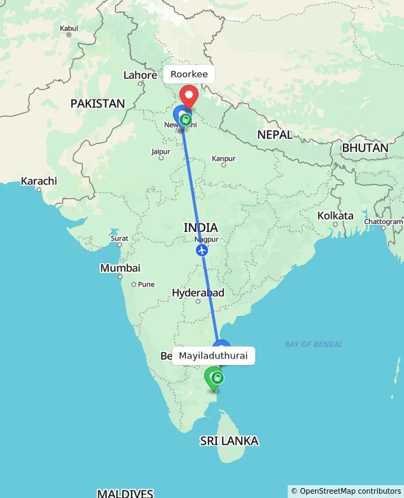 Route map showing distance and travel time from Mayiladuthurai, India to Roorkee, India