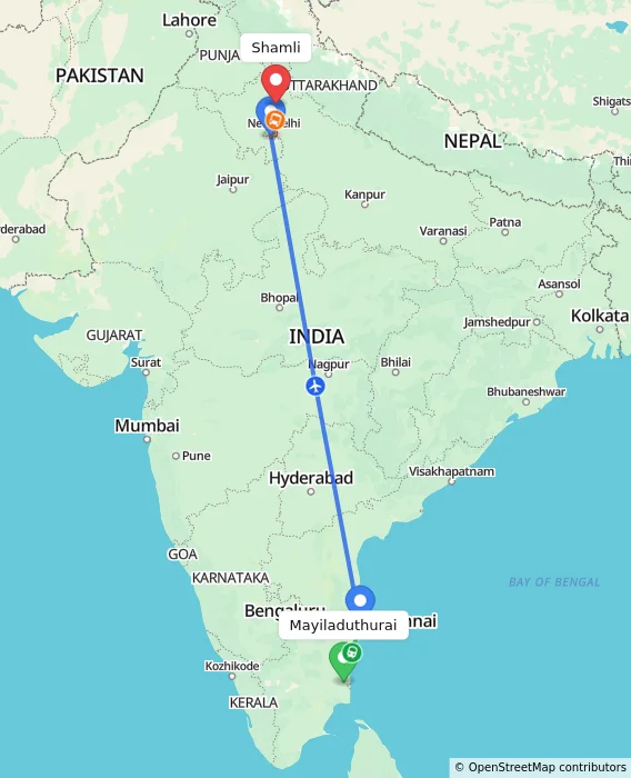 Route map showing distance and travel time from Mayiladuthurai, India to Shamli, India