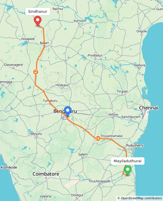 Route map showing distance and travel time from Mayiladuthurai, India to Sindhanur, India