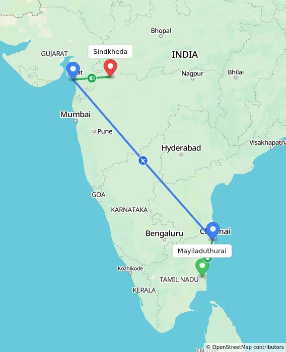 Route map showing distance and travel time from Mayiladuthurai, India to Sindkheda, India