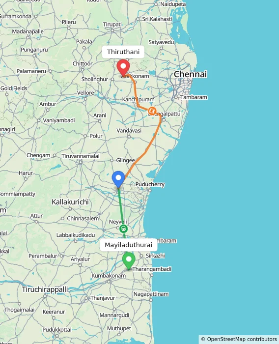 Route map showing distance and travel time from Mayiladuthurai, India to Thiruthani, India