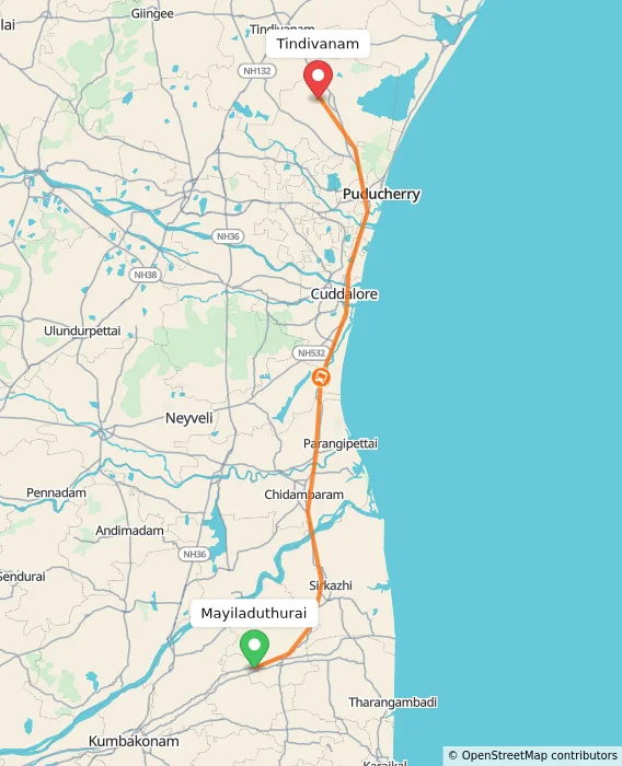 Route map showing distance and travel time from Mayiladuthurai, India to Tindivanam, India