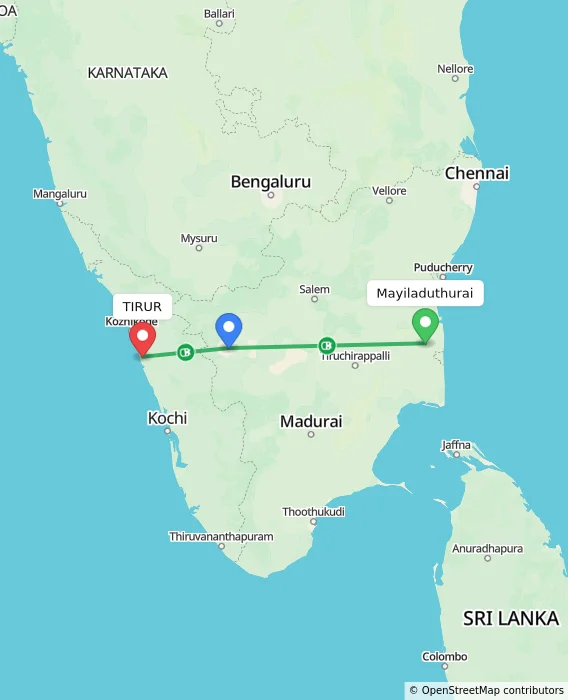 Route map showing distance and travel time from Mayiladuthurai, India to TIRUR, India