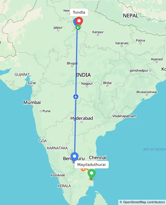 Route map showing distance and travel time from Mayiladuthurai, India to Tundla, India