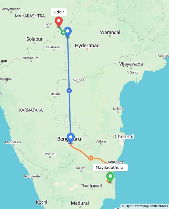 Route map showing distance and travel time from Mayiladuthurai, India to Udgir, India