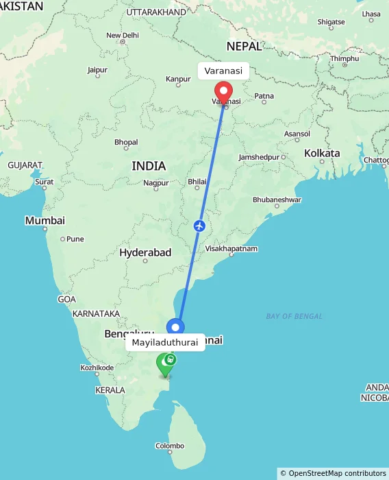 Route map showing distance and travel time from Mayiladuthurai, India to Varanasi, India