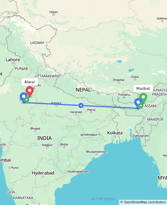 Route map showing distance and travel time from Mazbat, India to Alwar, India