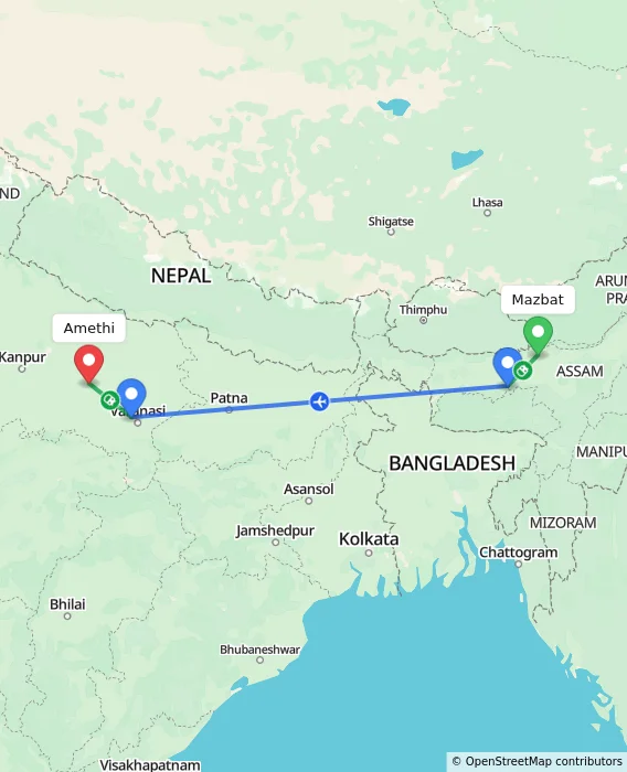 Route map showing distance and travel time from Mazbat, India to Amethi, India