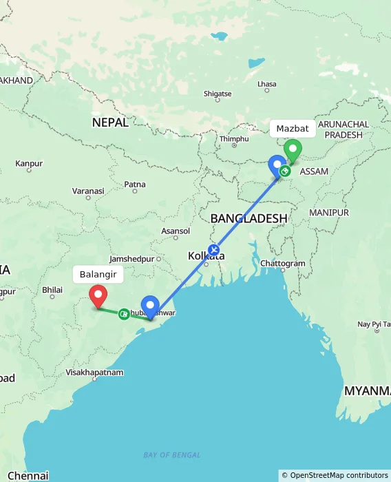 Route map showing distance and travel time from Mazbat, India to Balangir, India