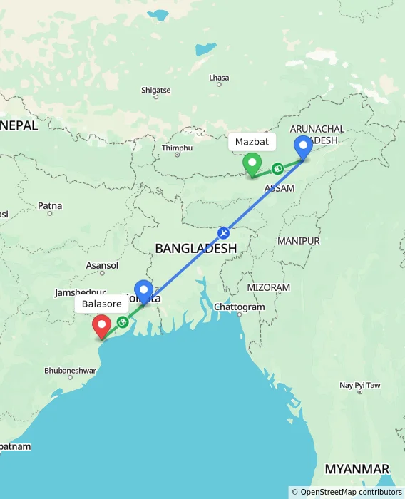 Route map showing distance and travel time from Mazbat, India to Balasore, India