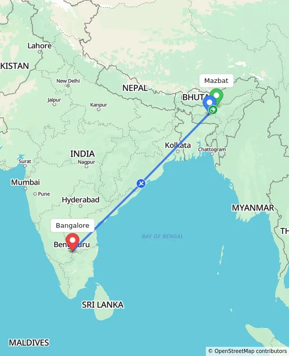 Route map showing distance and travel time from Mazbat, India to Bangalore, India