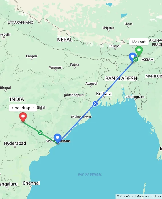 Route map showing distance and travel time from Mazbat, India to Chandrapur, India
