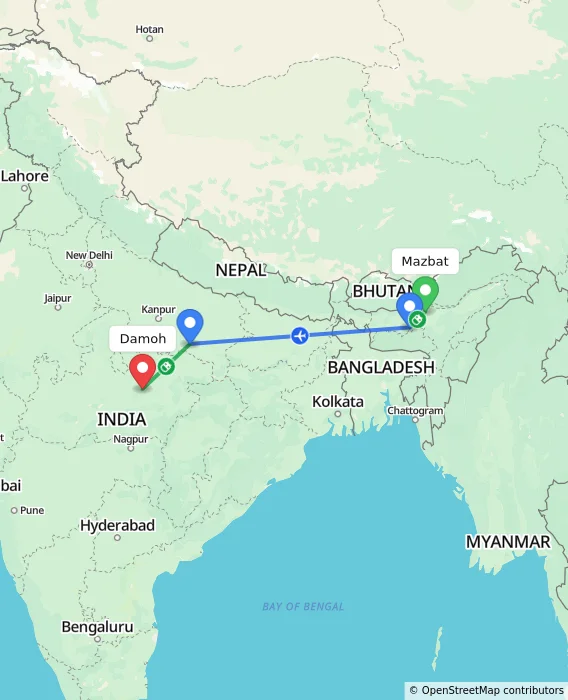Route map showing distance and travel time from Mazbat, India to Damoh, India