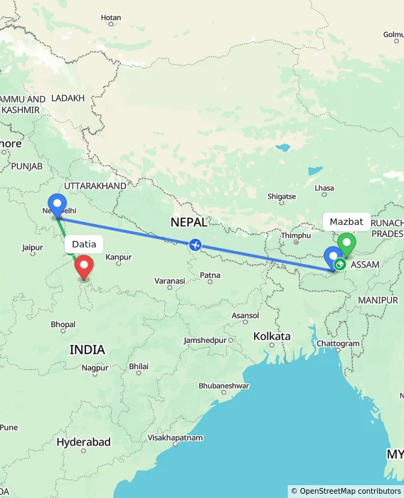 Route map showing distance and travel time from Mazbat, India to Datia, India