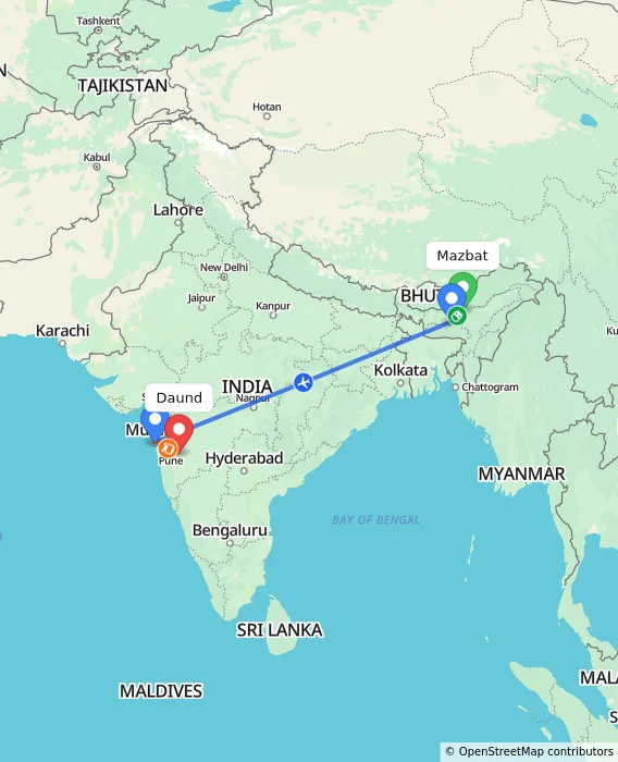 Route map showing distance and travel time from Mazbat, India to Daund, India