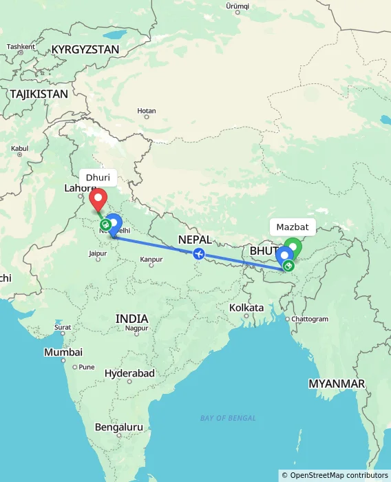 Route map showing distance and travel time from Mazbat, India to Dhuri, India