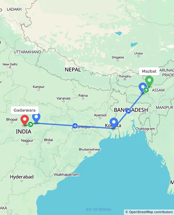 Route map showing distance and travel time from Mazbat, India to Gadarwara, India