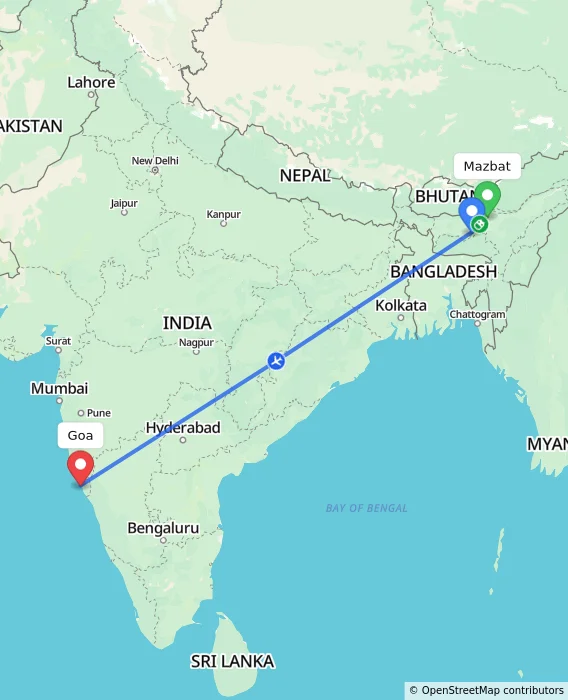 Route map showing distance and travel time from Mazbat, India to Goa, India