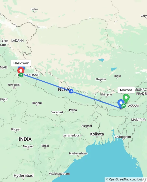 Route map showing distance and travel time from Mazbat, India to Haridwar, India