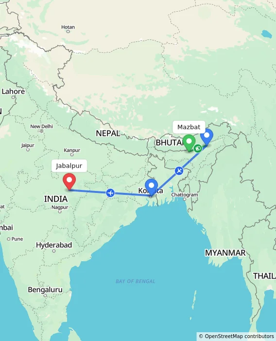 Route map showing distance and travel time from Mazbat, India to Jabalpur, India