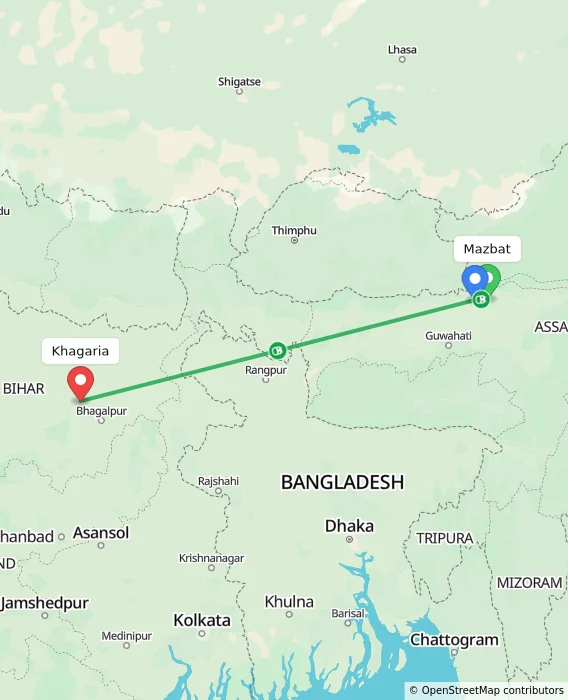 Route map showing distance and travel time from Mazbat, India to Khagaria, India