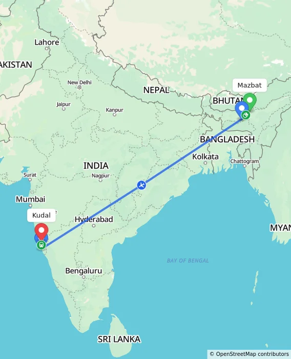 Route map showing distance and travel time from Mazbat, India to Kudal, India